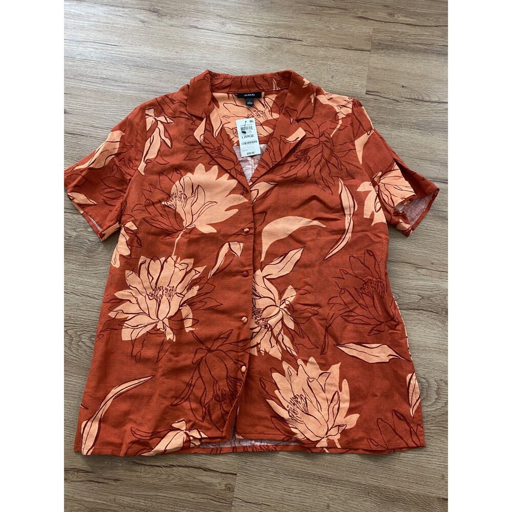 Alfani Terra Nova Lily Floret Burnt Orange Tropical Linen Button Down Shirt L NW